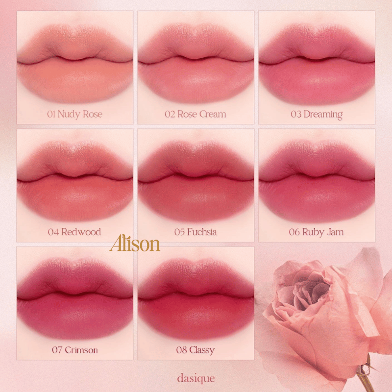 Dasique Cream De Rose Tint gồm 8 tone màu của hoa hồng với chất kem mịn mượt